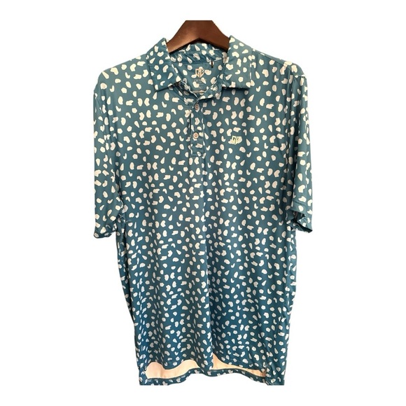 Graham Luxe Polo Shirt Men’s Golf Size Large Teal Spotted Logo Short Sleeve - Picture 1 of 4